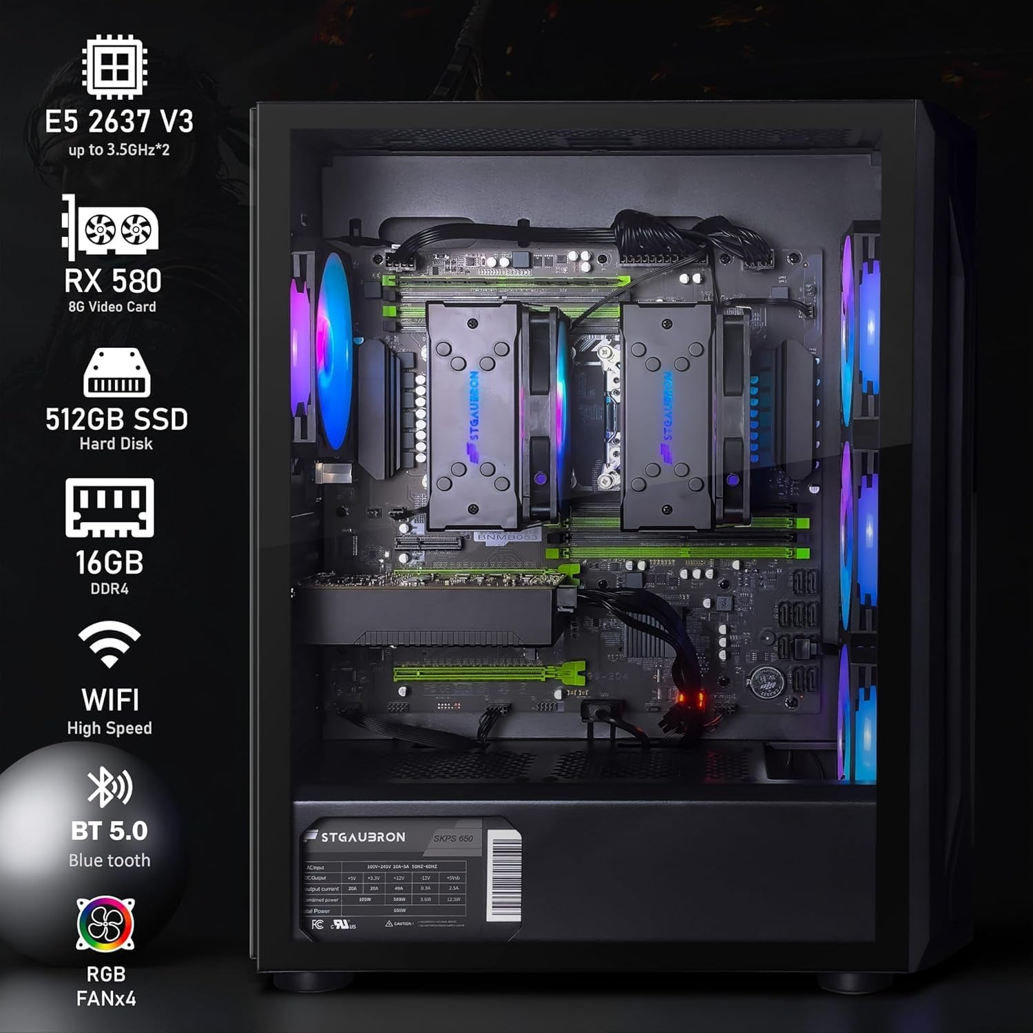 Dual CPU Gaming PC, Dual Intel I7 Xeon E5 up to 3.7Ghz, Radeon RX 580 8G, 16G DDR4, 512G SSD, 600M Wifi, BT 5.0, RGB Fan X 4, Windows 10 Pro