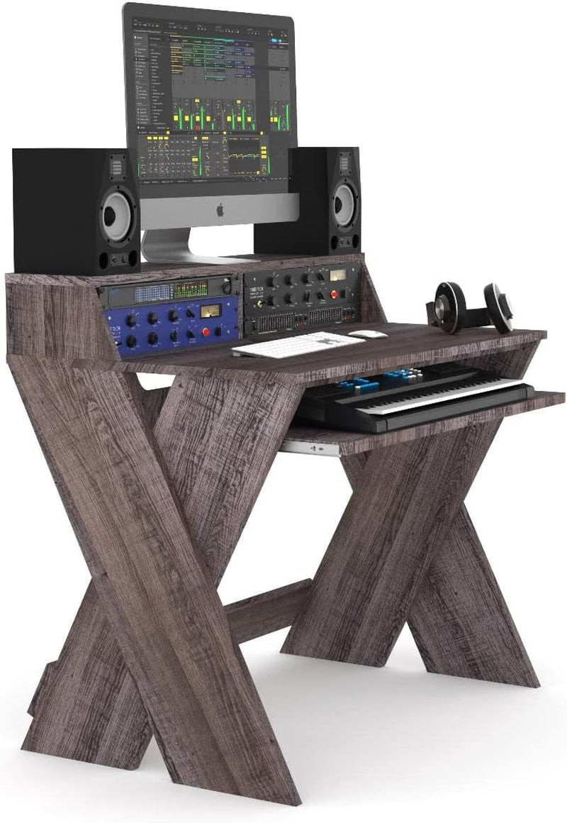 Sound Desk Compact Professional Studio Workstation - Elegant Walnut Finish with Pull-Out Keyboard Compartment