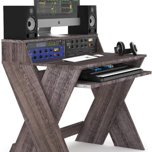 Sound Desk Compact Professional Studio Workstation - Elegant Walnut Finish with Pull-Out Keyboard Compartment