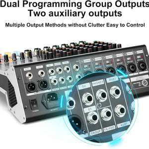 AG8 Professional Audio Mixer 8 Channel with MP3 Player Source USB Recording,With Grouping and 2 AUX Interfaces, 99DSP Effectfor Professional and Beginners