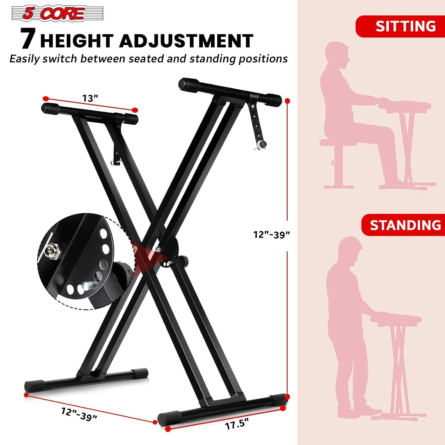 5Core Adjustable Keyboard Stand Electric Piano X Brace Stand Metal Dual Tuberack