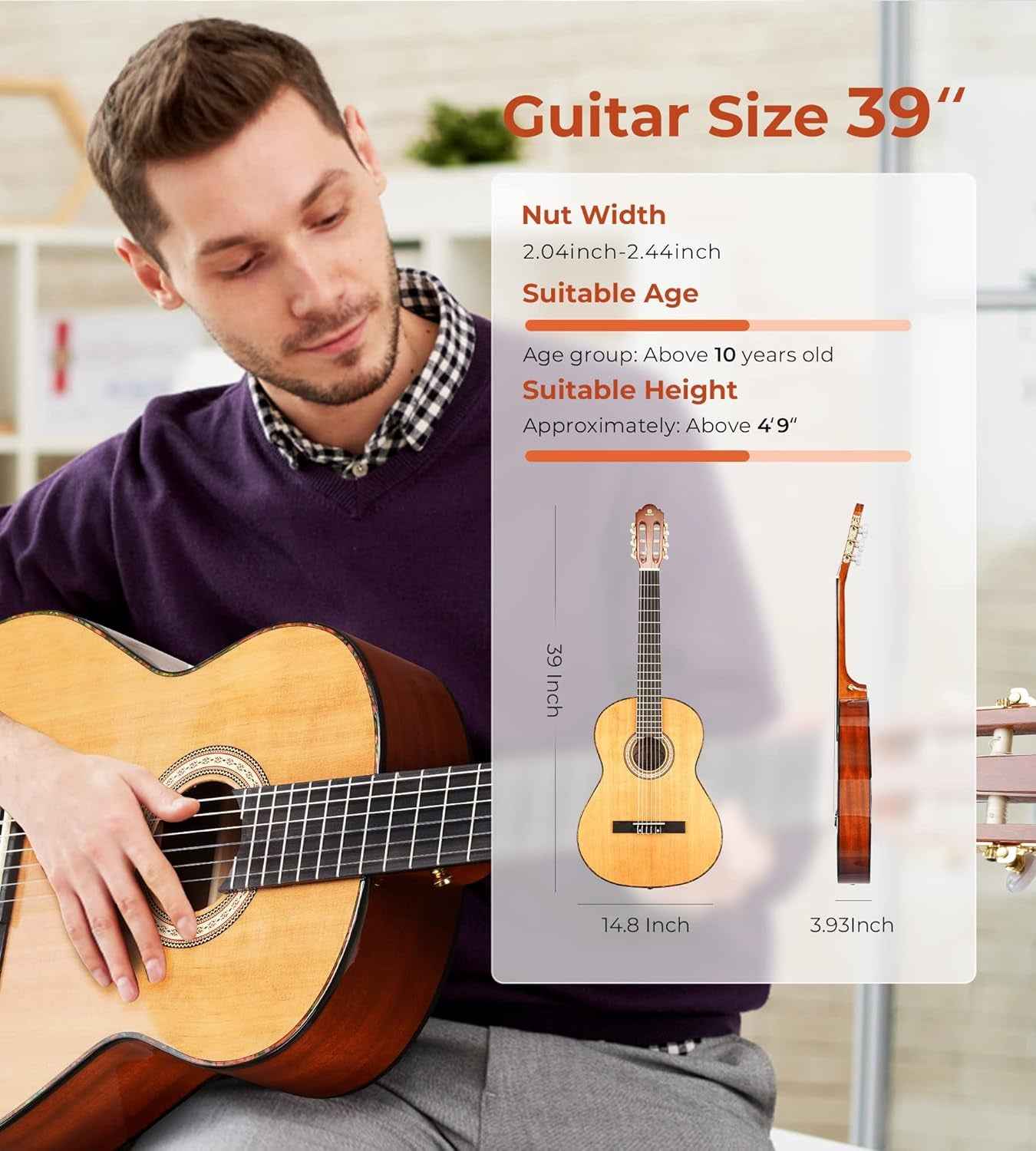 Classical Guitar Full Size 4/4 Spanish Style Classical Guitarra, 39 Inch Nylon Strings Guitar Ideal for Beginner Adults, Solid Cedar Top, by