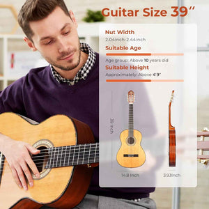 Classical Guitar Full Size 4/4 Spanish Style Classical Guitarra, 39 Inch Nylon Strings Guitar Ideal for Beginner Adults, Solid Cedar Top, by