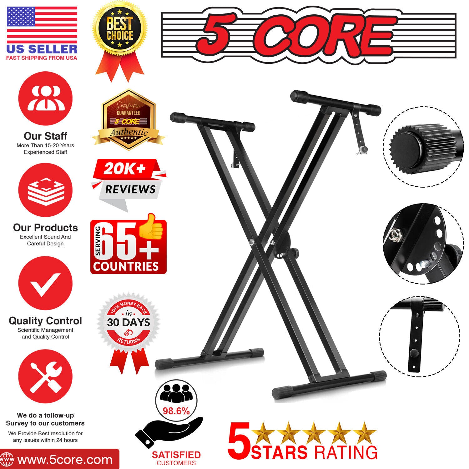 5Core Adjustable Keyboard Stand Electric Piano X Brace Stand Metal Dual Tuberack