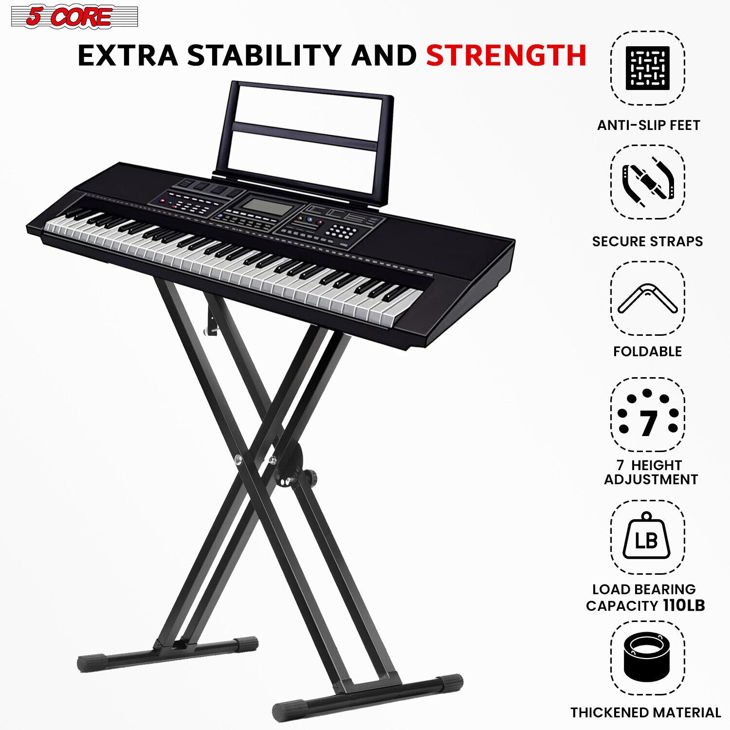 5Core Adjustable Keyboard Stand Electric Piano X Brace Stand Metal Dual Tuberack