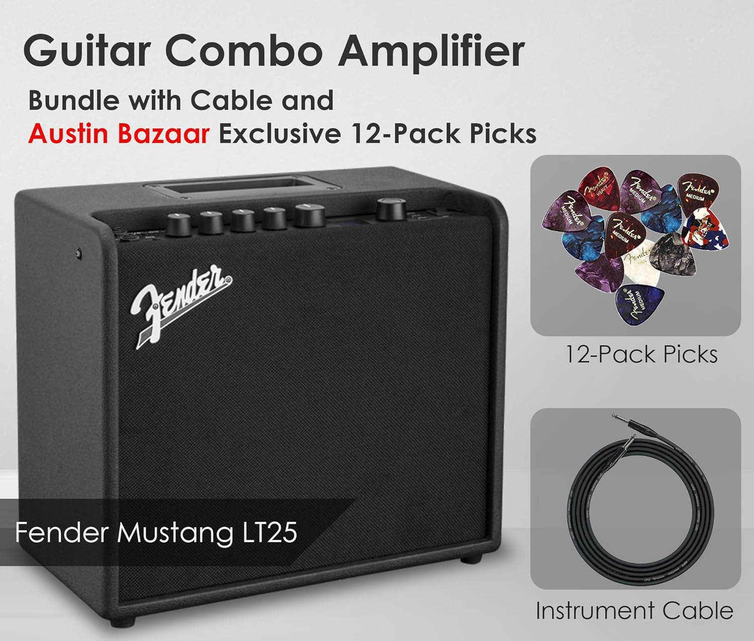 Mustang LT25 Guitar Combo Amplifier Bundle with Cable and Austin Bazaar Exclusive 12-Pack Picks