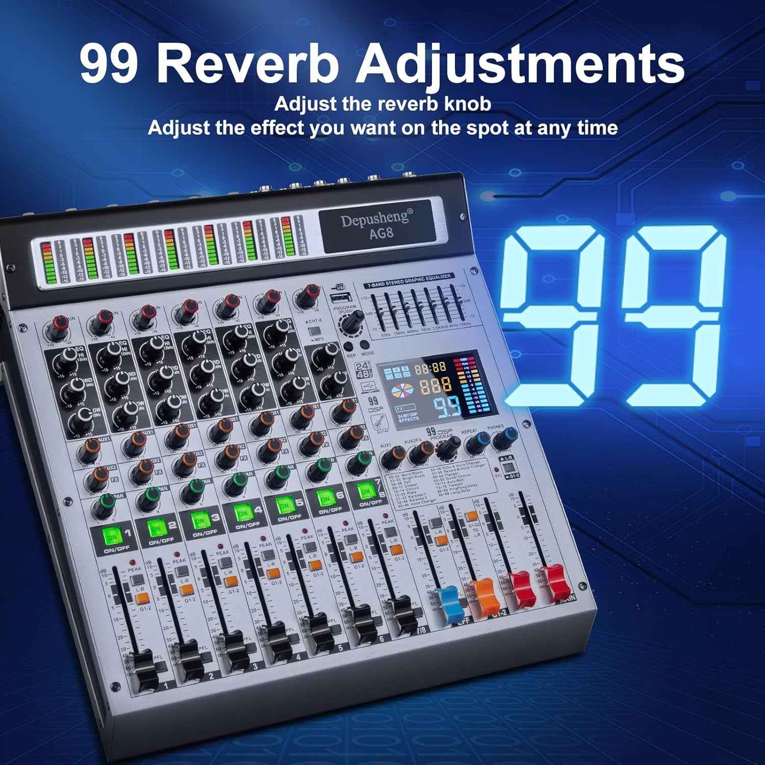 AG8 Professional Audio Mixer 8 Channel with MP3 Player Source USB Recording,With Grouping and 2 AUX Interfaces, 99DSP Effectfor Professional and Beginners