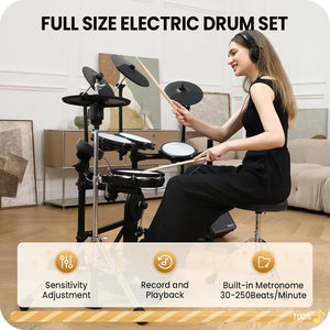 Electric Drum Set, Electronic Drum Set with 4 Quiet Mesh Drum Pads, Independent Hihat and Kick Drum Full Size Adult Drum Set, 3 Cymbals with Choke, 225 Sounds, USB MIDI, Drum Throne, and Sticks