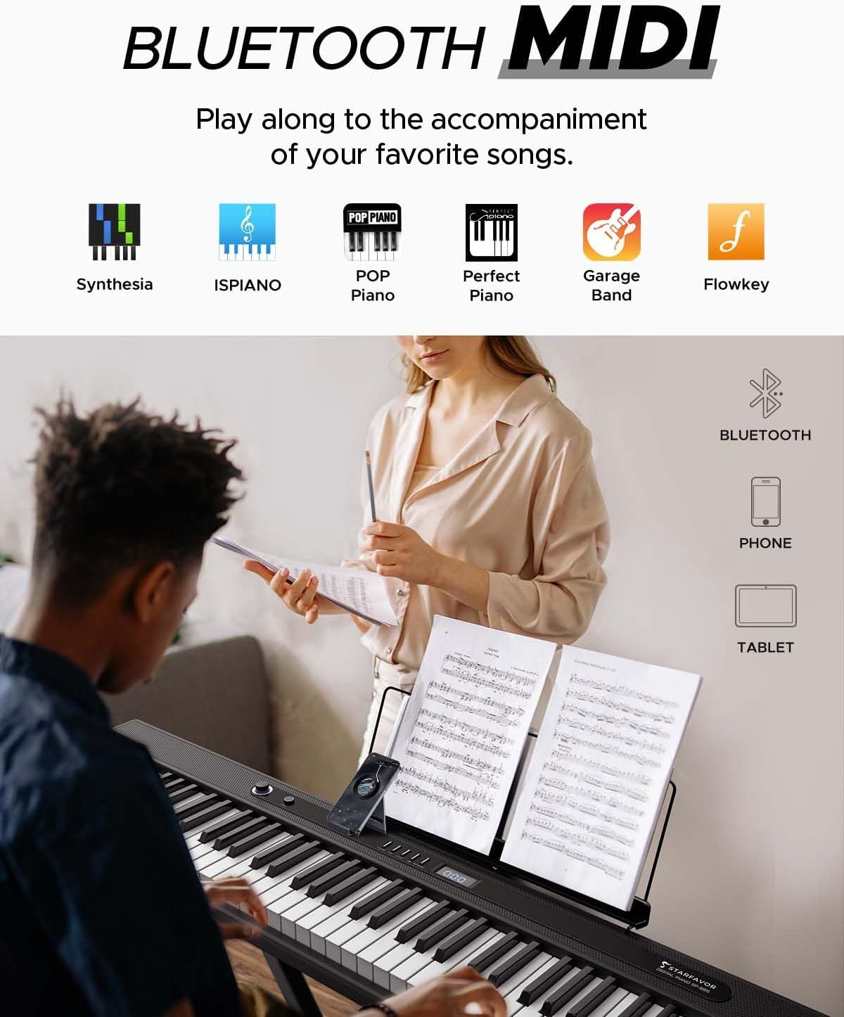 88 Key Piano Keyboard, Compact Bluetooth Digital Piano with Full-Size Semi Weighted 88 Keys, Budget Electric Keyboard Piano with Stand, Piano Pedal, Carrying Bag, Recording/Midi/Usb, Black