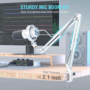 Dynamic Microphone with Boom Arm, Studio Vocal XLR Microphone, Podcast USB Mic Kit for PC with Mute Button, Volume Knob, Headphone Jack, for Streaming Recording-Amplitank K688CT White