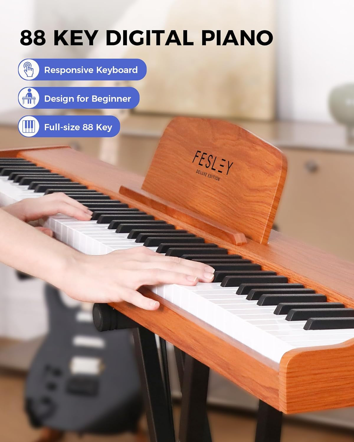 Weighted Piano Keyboard 88 Keys: Full Size Electric Keyboard Piano for Beginners, Portable 88 Key Keyboard with Daul Speaker,Sustain Pedal,Power Adapter,Support Bluetooth,Usb MIDI,FEP300, Brown