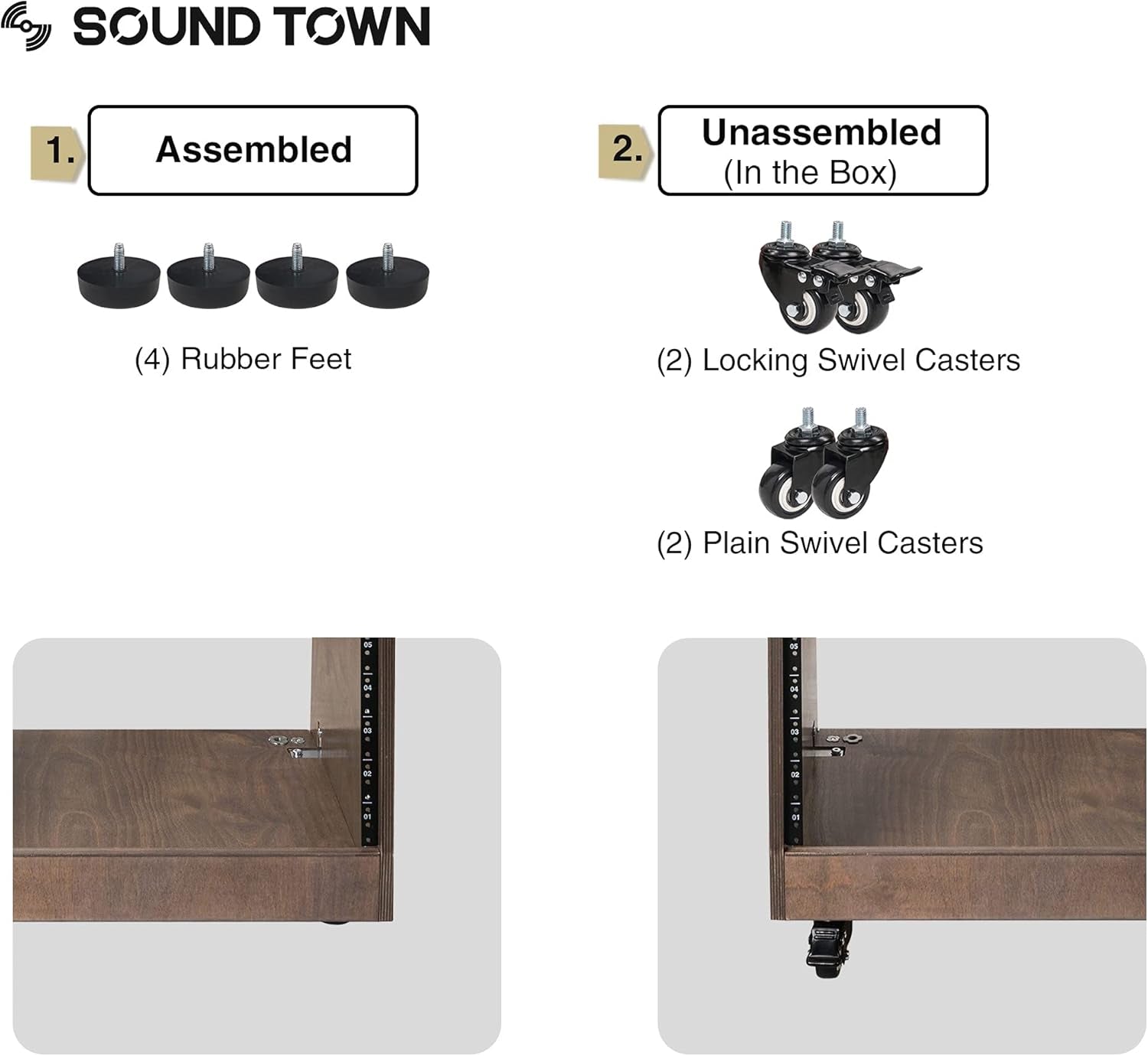 DIY Solid Baltic Birch Plywood Slanted 8U Studio Rack, Weathered Brown, Rubber Feet, Casters (SDRK-8TB)