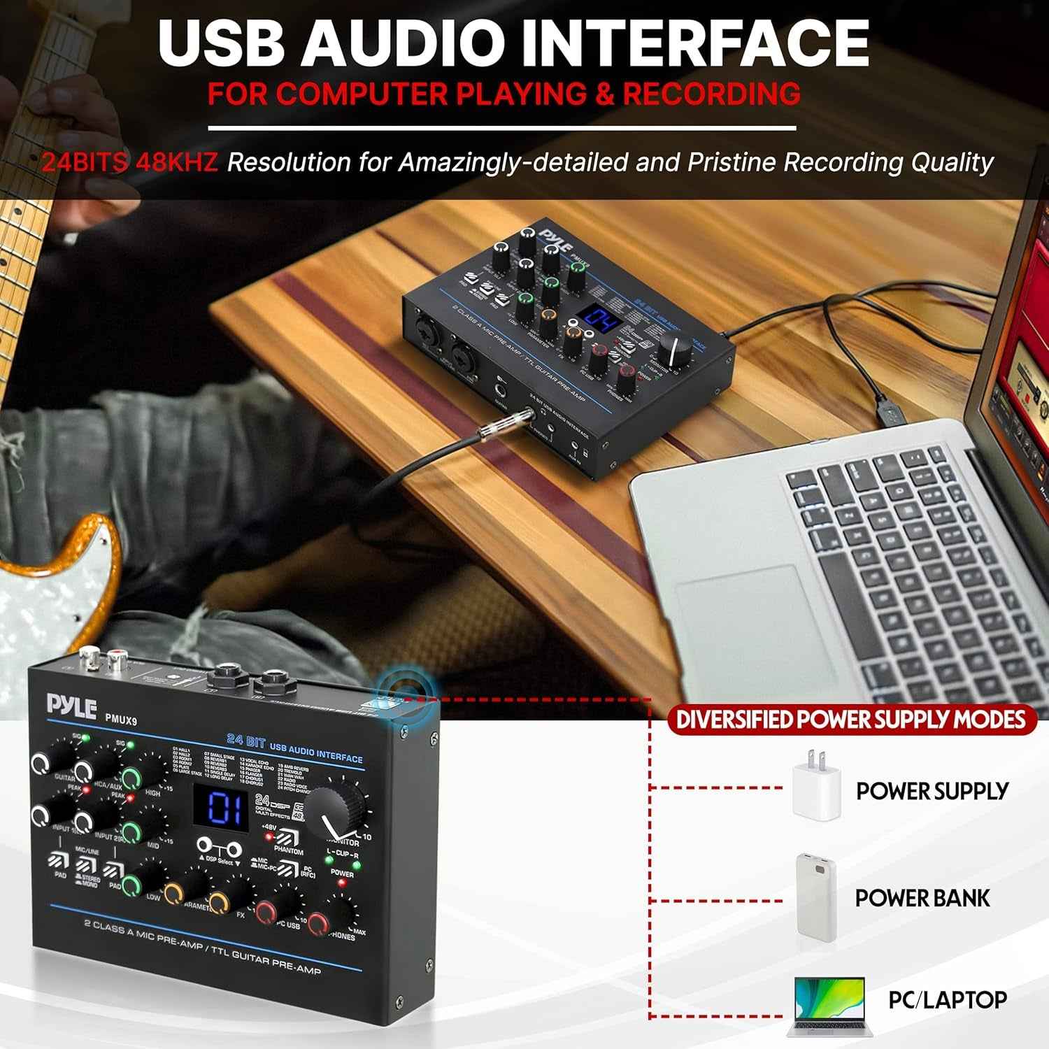 Professional USB Audio Interface with MIC/LINE, Guitar, AUX Stereo and RCA Inputs, Phone/Stereo/Monitor Outputs, Ideal for Computer Playing & Recording, Preset 24 Digital Effects - PMUX9