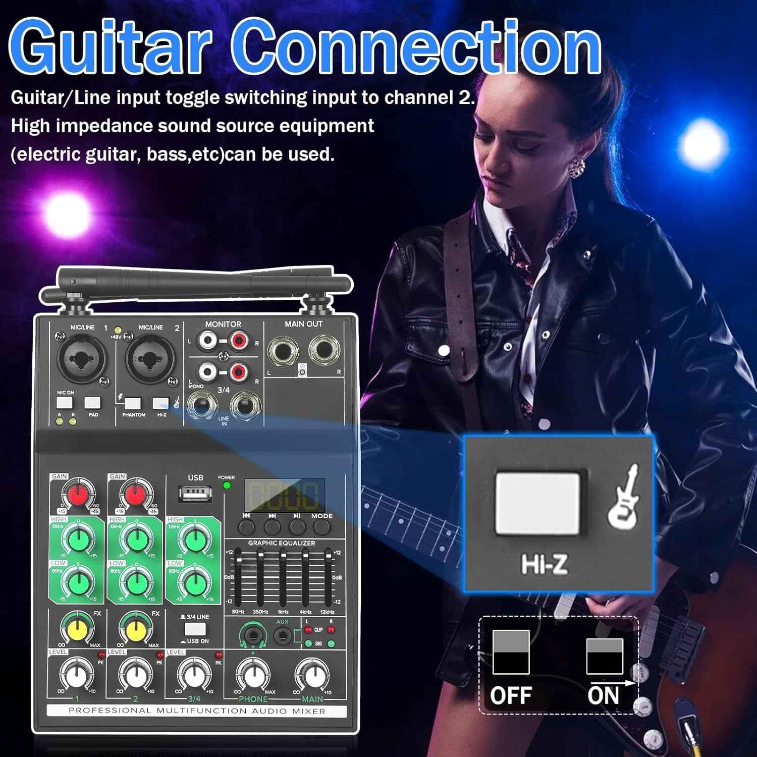 4 Channel Audio Mixer, Professional with Dual Wireless Microphone, Sound Board Console System Interface DJ Mixer BT USB MP3 Computer Input 48V Phantom Power, Suitable for DJ Karaoke Guitar