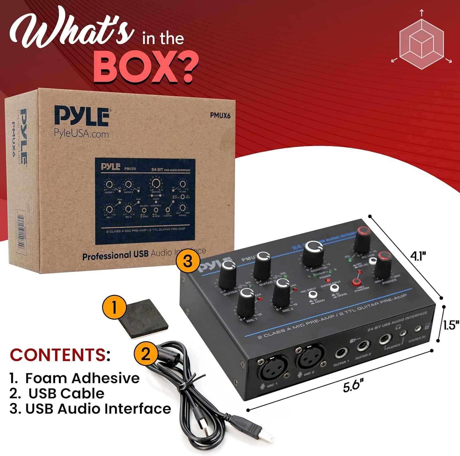 Professional USB Audio Interface with MIC, Guitar, AUX Stereo Inputs, Phone/Monitor Outputs, Ideal for Computer Playing & Recording, Compact Rugged Metal Housing - PMUX6