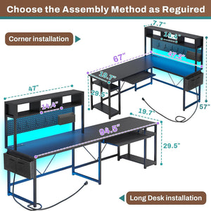 L Shaped Gaming Desk, Reversible Computer Desk with Power Outlet and Pegboard, Gaming Desk with Led Lights, Keyboard Tray and Storage Bag for Home Office, Black