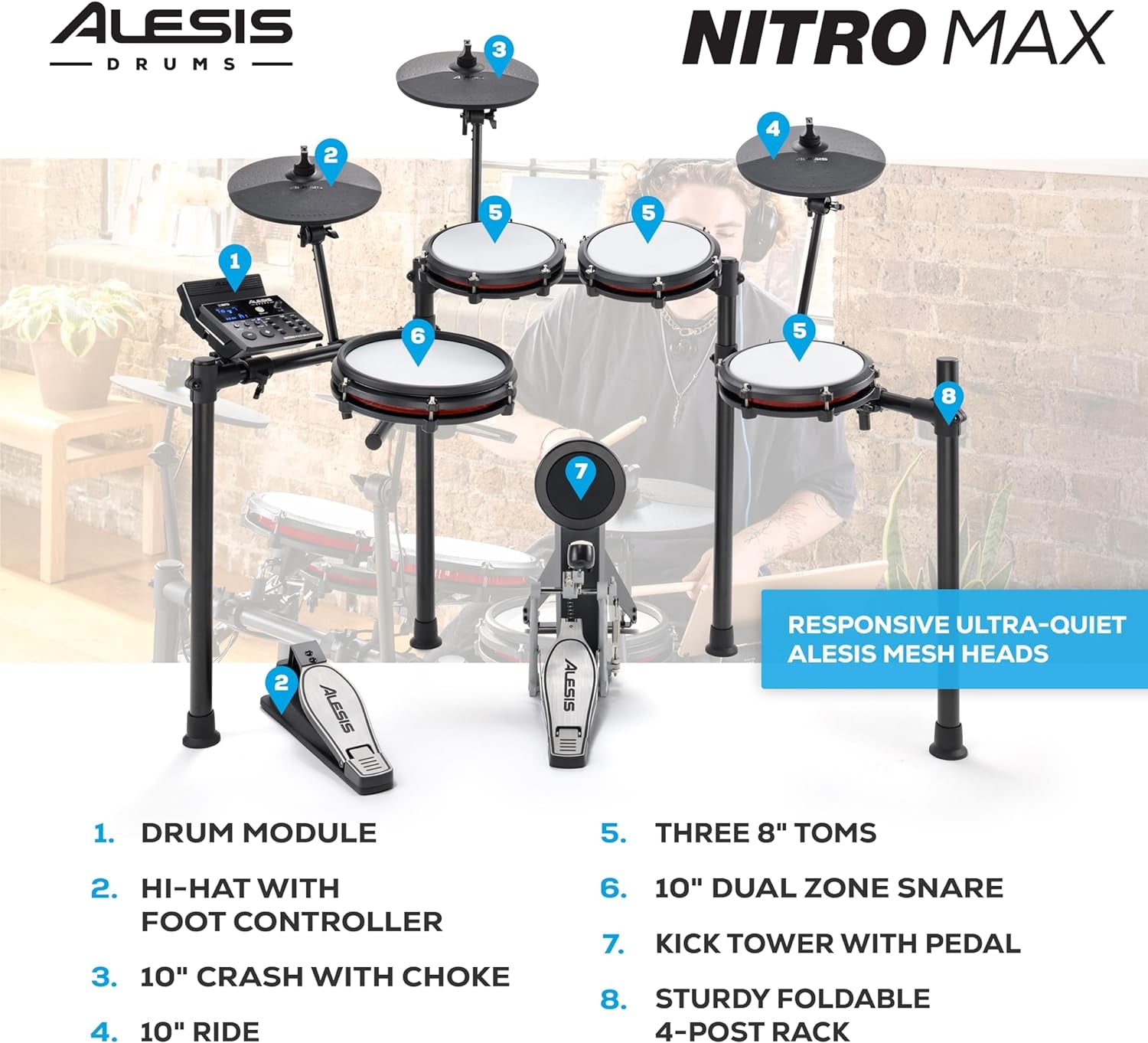 Nitro Max Kit Electric Drum Set with Quiet Mesh Pads, 10" Dual Zone Snare, Bluetooth, 440+ Authentic Sounds, Drumeo, USB MIDI, Kick Pedal