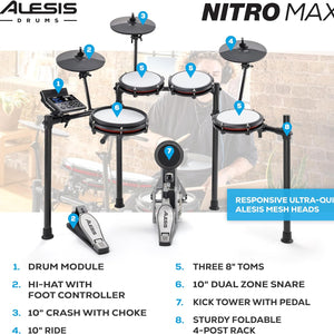 Nitro Max Kit 10 Piece Electric Drum Set with Quiet Mesh Pads, 10