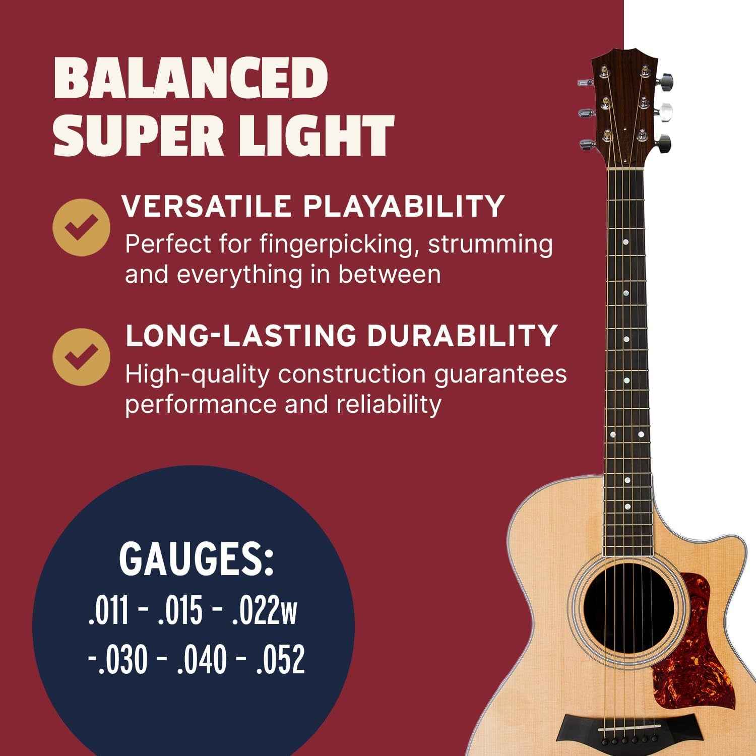 NB1152 Naturals Phosphor Bronze Acoustic Guitar Strings, 11-52 Durable Super Light Gauge Acoustic Guitar Strings, Premium Guitar Strings Acoustic 6 String Set for Clear Tones