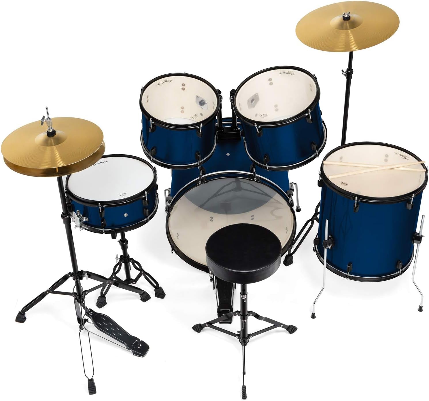 5-Piece Complete Full Size Adult Drum Set with Remo Batter Heads - Blue