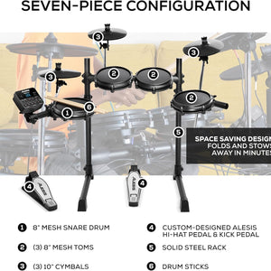 Turbo Mesh Kit – Electric Drum Set with 100+ Sounds, Quiet Mesh Drum Pads, Drum Sticks, Connection Cables, Drum Lessons