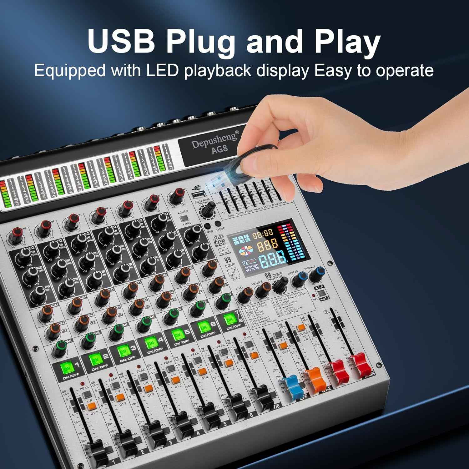 AG8 Professional Audio Mixer 8 Channel with MP3 Player Source USB Recording,With Grouping and 2 AUX Interfaces, 99DSP Effectfor Professional and Beginners