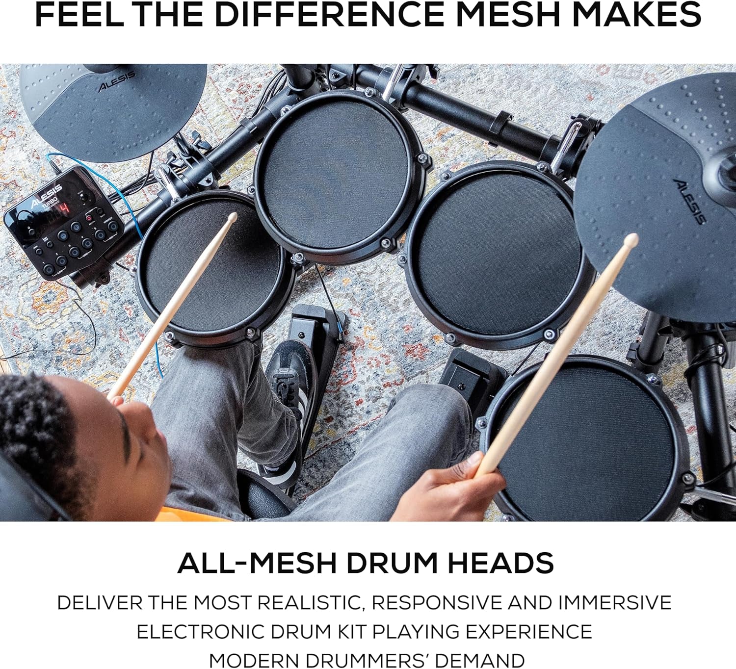 Turbo Mesh Kit – Electric Drum Set with 100+ Sounds, Quiet Mesh Drum Pads, Drum Sticks, Connection Cables, Drum Lessons