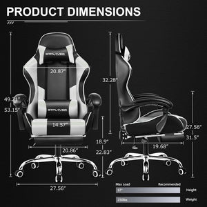 Gaming Chair, Computer Chair with Footrest and Lumbar Support, Height Adjustable Game Chair with 360°-Swivel Seat and Headrest and for Office or Gaming (White)