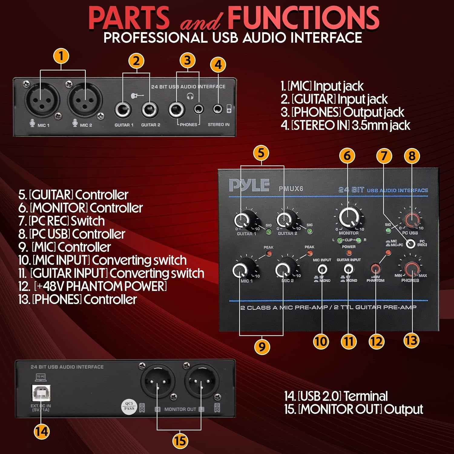 Professional USB Audio Interface with MIC, Guitar, AUX Stereo Inputs, Phone/Monitor Outputs, Ideal for Computer Playing & Recording, Compact Rugged Metal Housing - PMUX6