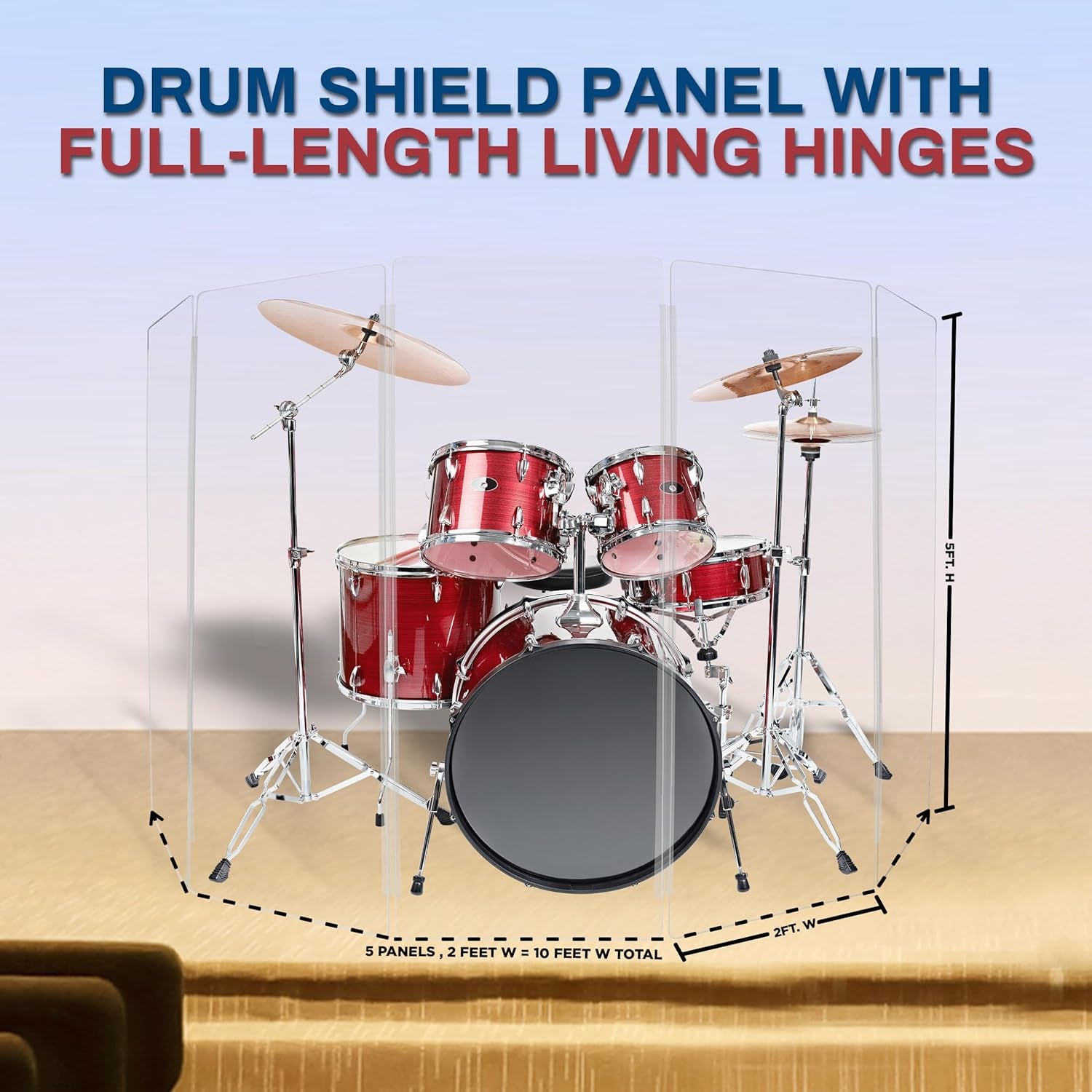 Drum Shield 5Ft W/Living Hinges, Comes W/ 5 Drum Panels & Living Hinges, Premium Clear Acrylic Panels, Drum Screen