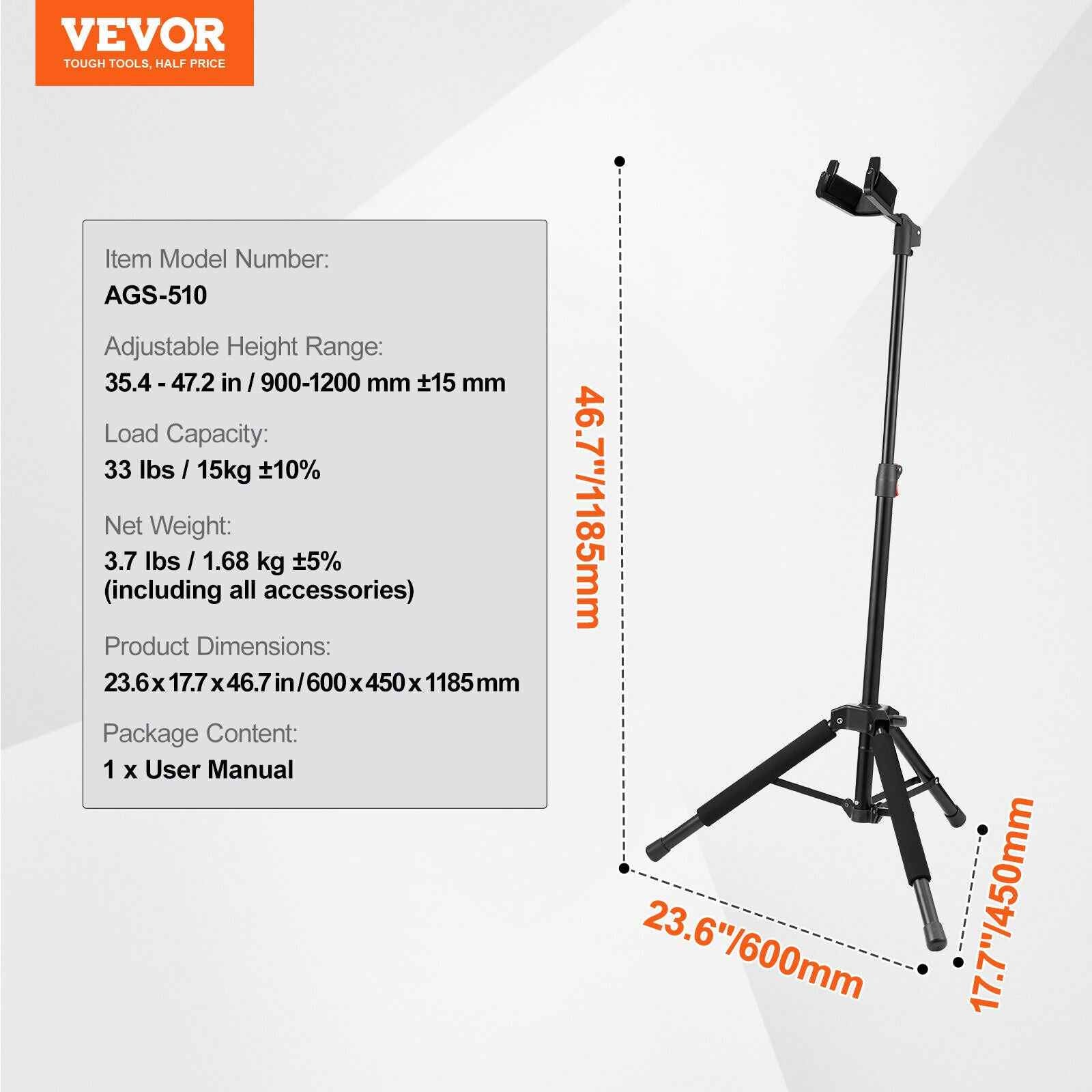 VEVOR Tripod Guitar Stand Floor-Standing Foldable 35.4-47.2 in Adjustable Height