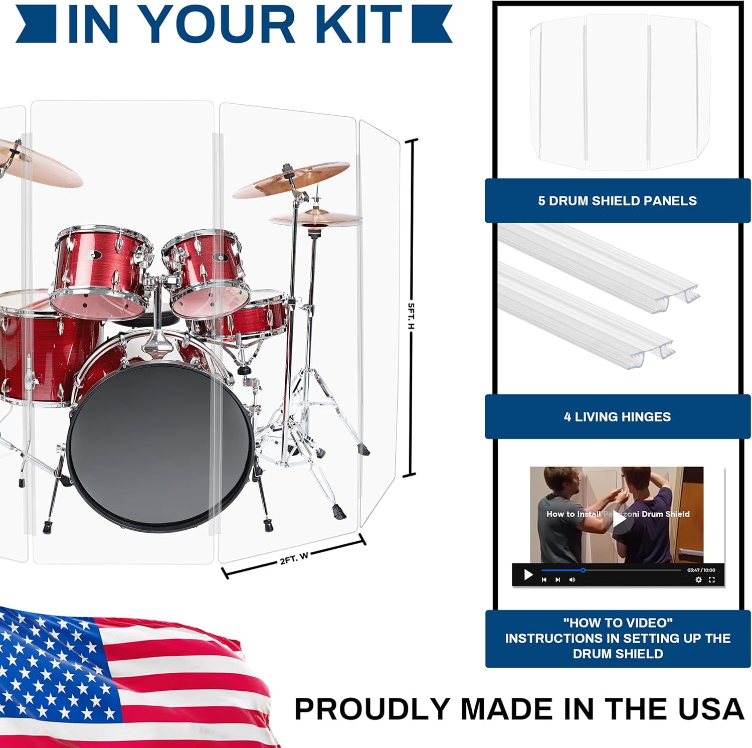 Drum Shield 5Ft W/Living Hinges, Comes W/ 5 Drum Panels & Living Hinges, Premium Clear Acrylic Panels, Drum Screen