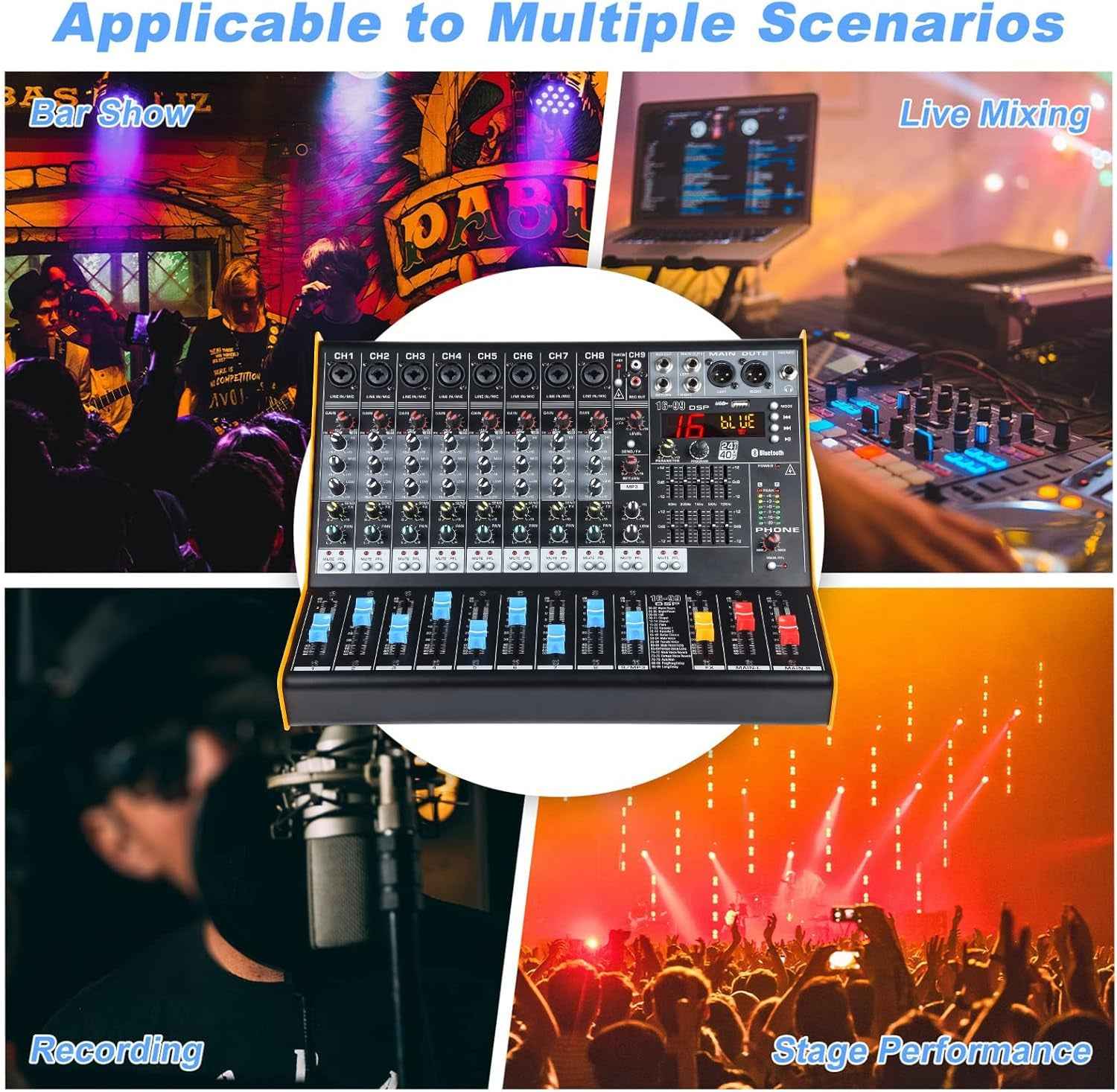 Mixers Audio 9 Channel Mixer, Dj Mixer Board Mixer Audio Bluetooth MP3 Mixer for Music with 99 Kinds of DPS Digital Effects, Usb Audio Mixer for Karaoke Speakers