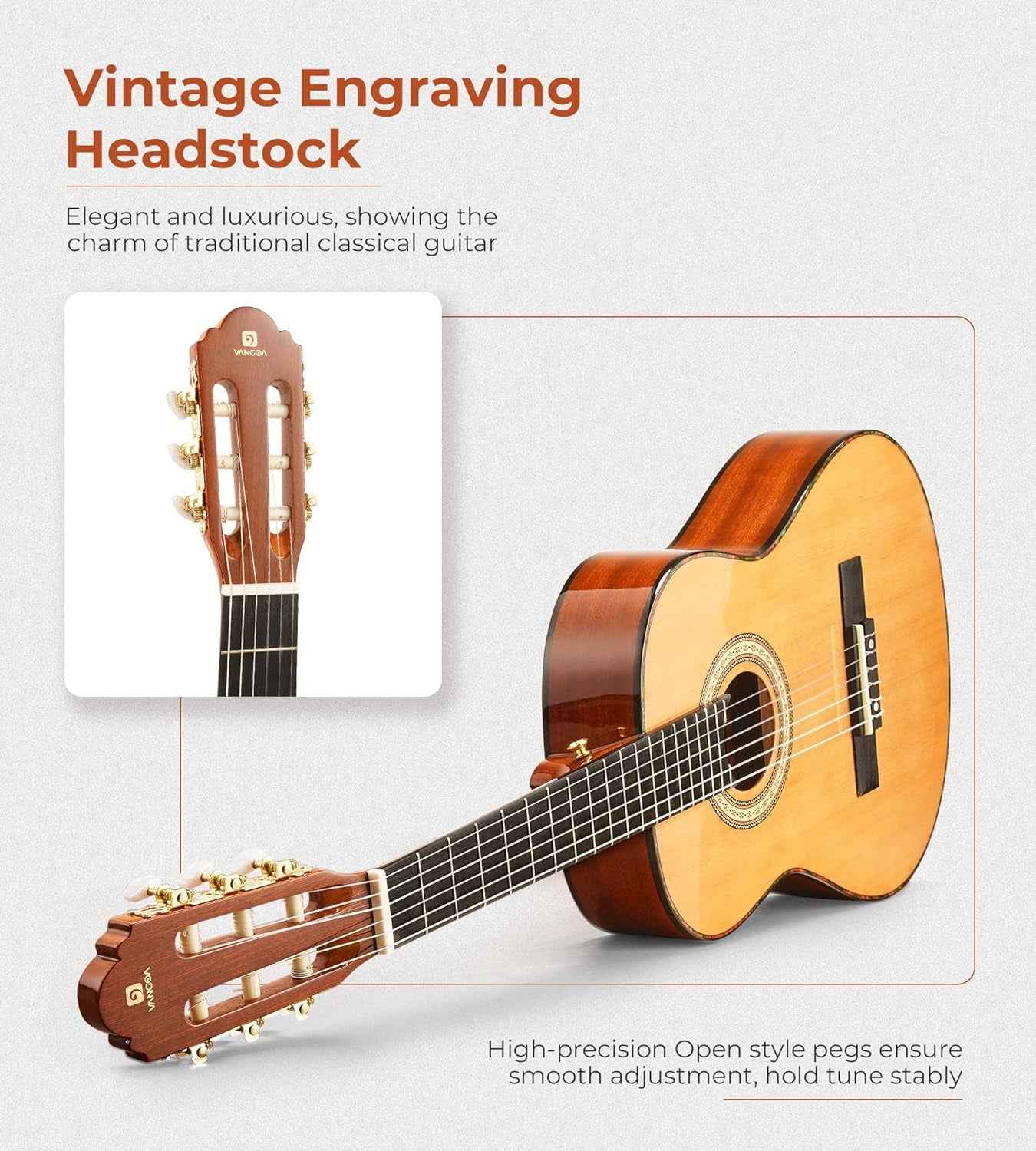 Classical Guitar Full Size 4/4 Spanish Style Classical Guitarra, 39 Inch Nylon Strings Guitar Ideal for Beginner Adults, Solid Cedar Top, by