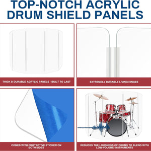 Drum Shield 5Ft W/Living Hinges, Comes W/ 5 Drum Panels & Living Hinges, Premium Clear Acrylic Panels, Drum Screen