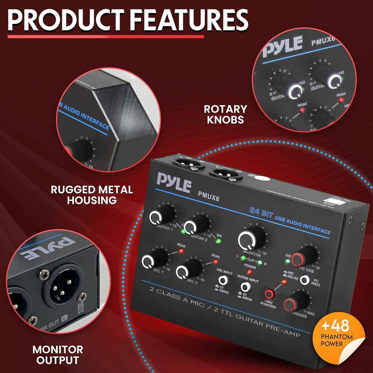 Professional USB Audio Interface with MIC, Guitar, AUX Stereo Inputs, Phone/Monitor Outputs, Ideal for Computer Playing & Recording, Compact Rugged Metal Housing - PMUX6