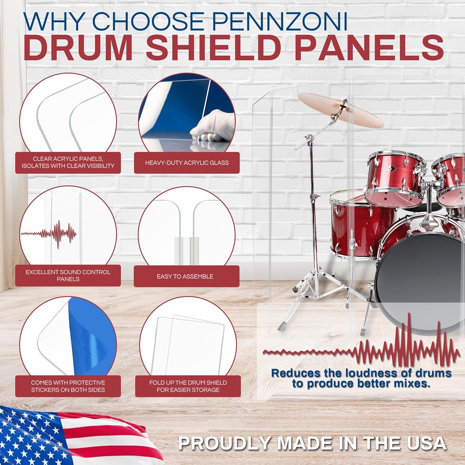 Drum Shield 5Ft W/Living Hinges, Comes W/ 5 Drum Panels & Living Hinges, Premium Clear Acrylic Panels, Drum Screen