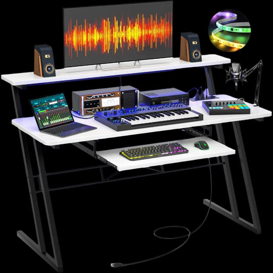 Music Studio Desk with RGB LED Lights & Power Outlets - Perfect Workstation for Producers & Recording Artists in Matte White