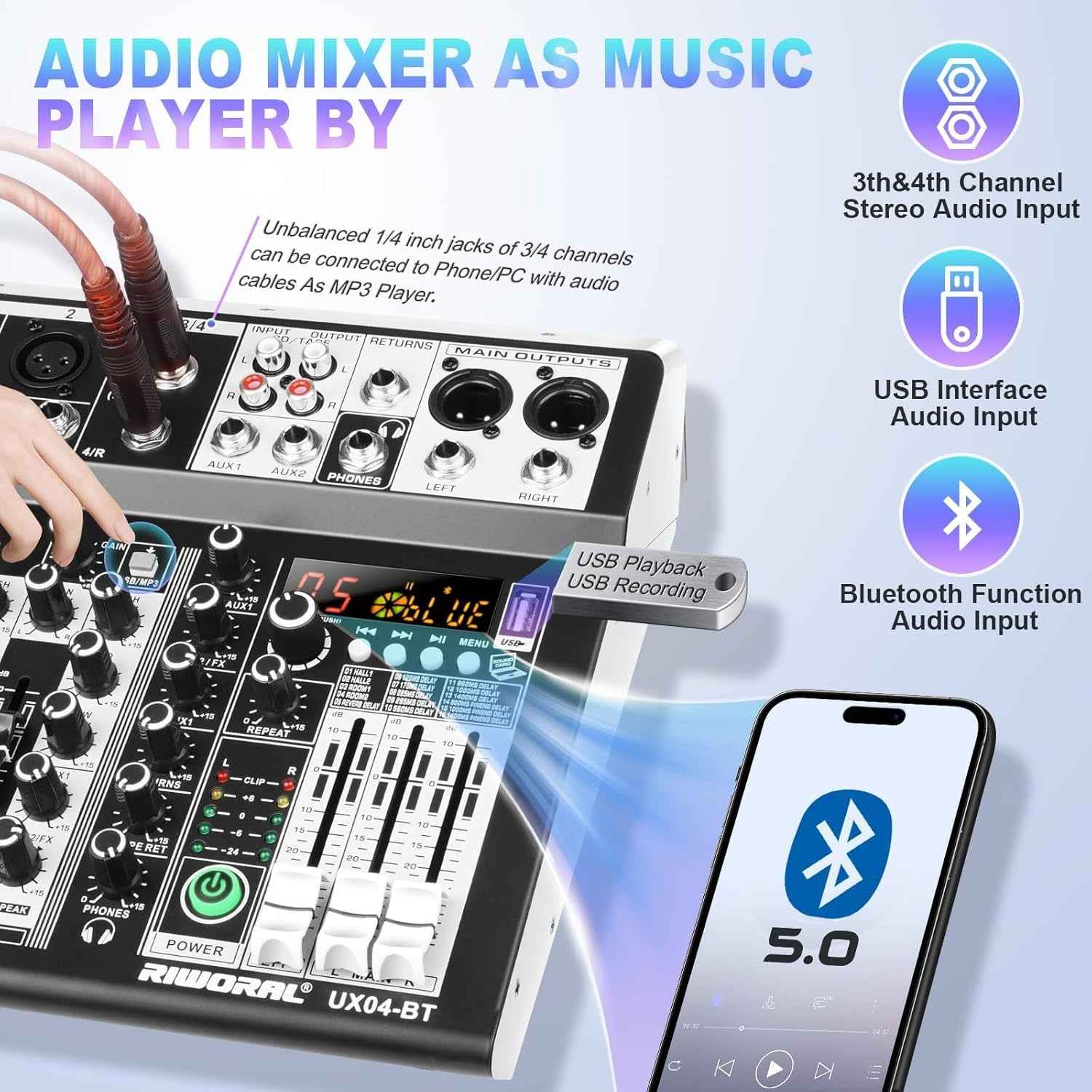 4 Channel Audio Interfacer DJ Mixer Sound Board 16-Bit DSP Effect USB Audio Mixer Effects +48V Phantom Bluetooth for Karaoke Studio Streaming Recording,Live Streaming