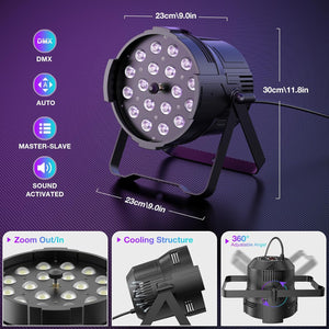 LED Zoom Par Light 18X18W RGBWA+UV 6-In-1 Stage Light, High Power Professional Wash DJ Light DMX Sound Activated Uplights for Events Christmas Party Wedding Church Bar-1 Pack