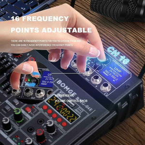 04E Karaoke Audio Mixer,4 Channel Mixer with Dual UHF Wireless Mic, Sound Board Console MP3 Bluetooth 48V Phantom Power USB Audio Interface DJ Mixing for Party Computer Studio Recording (04E)