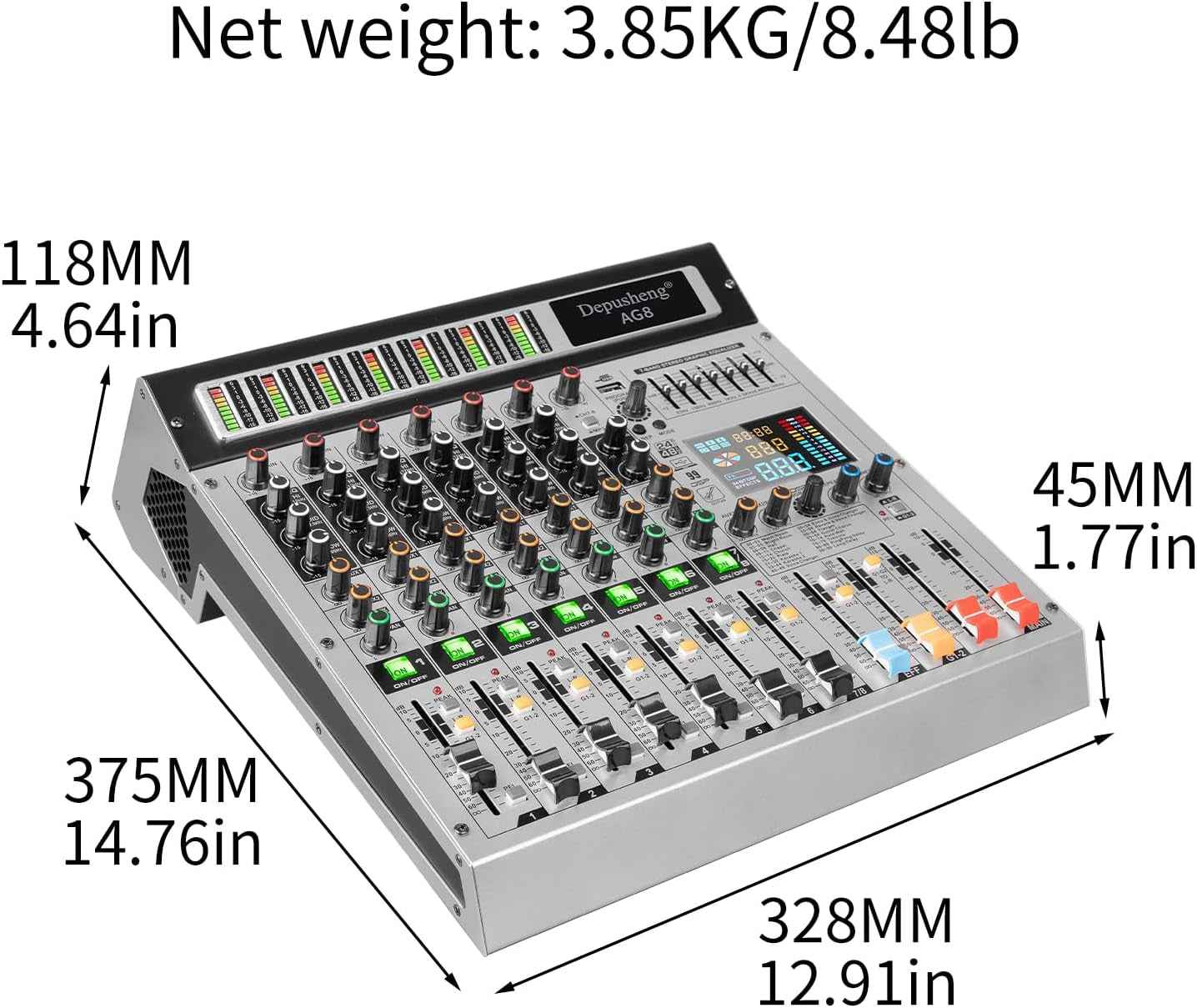 AG8 Professional Audio Mixer 8 Channel with MP3 Player Source USB Recording,With Grouping and 2 AUX Interfaces, 99DSP Effectfor Professional and Beginners