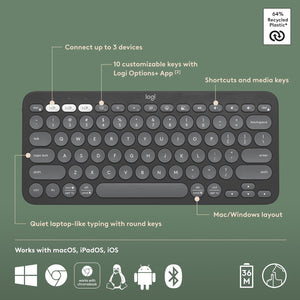 Pebble Keys 2 K380S, Multi-Device Bluetooth Wireless Keyboard with Customizable Shortcuts, Slim and Portable, Easy-Switch for Windows, Macos, Ipados, Android, Chrome OS - Tonal Graphite