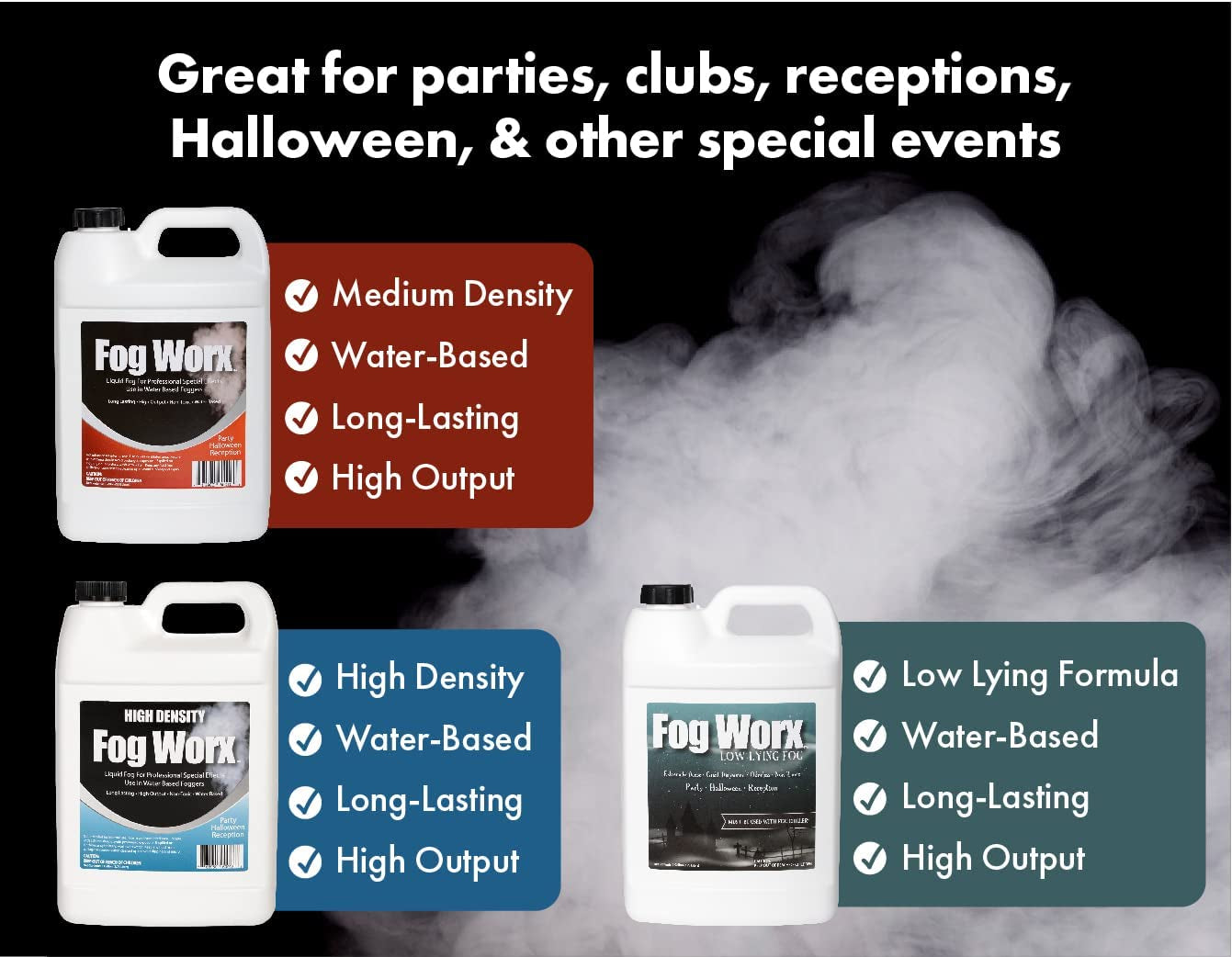 Fogworx Extreme High Density Fog Juice - Long Lasting, High Output, Water Based Fog Machine Fluid - Half Gallon, 64Oz