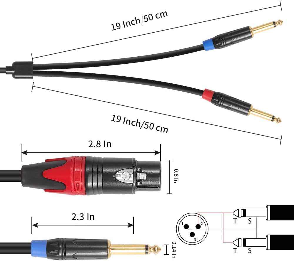 XLR Female to Dual 1/4" Y Splitter Cable, 6.6 Ft