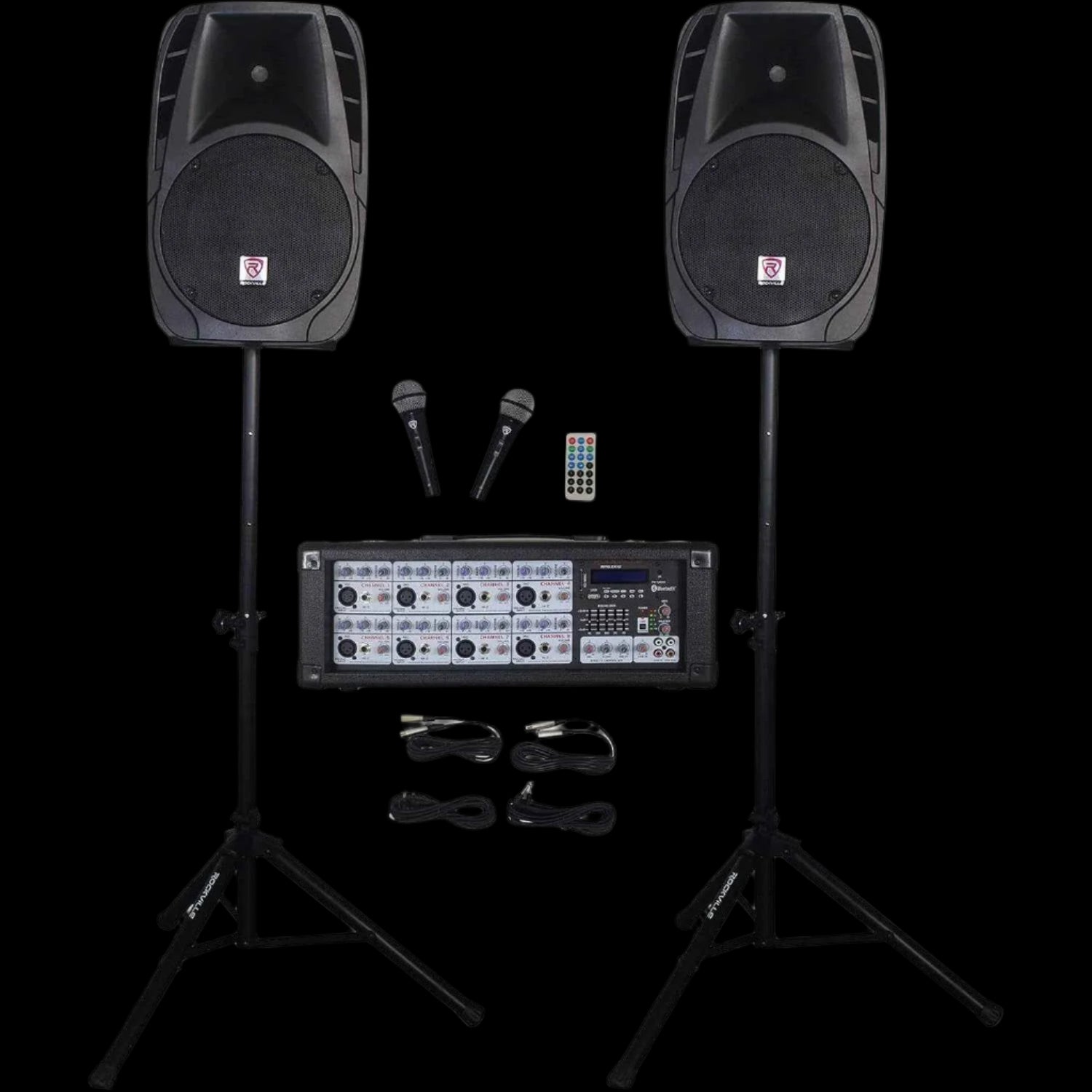 RPG2X12 Package PA System Mixer/Amp+12" Speakers+Stands+Mics+Bluetooth