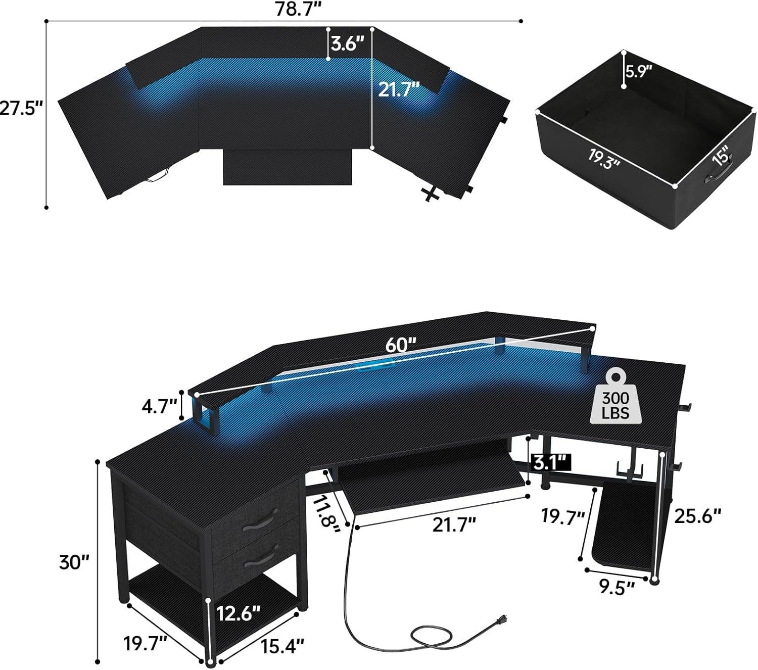 79" L-Shaped Gaming Desk with LED Light & Storage - Stylish Carbon Fiber Black Design with 2 Fabric Drawers for Home Office