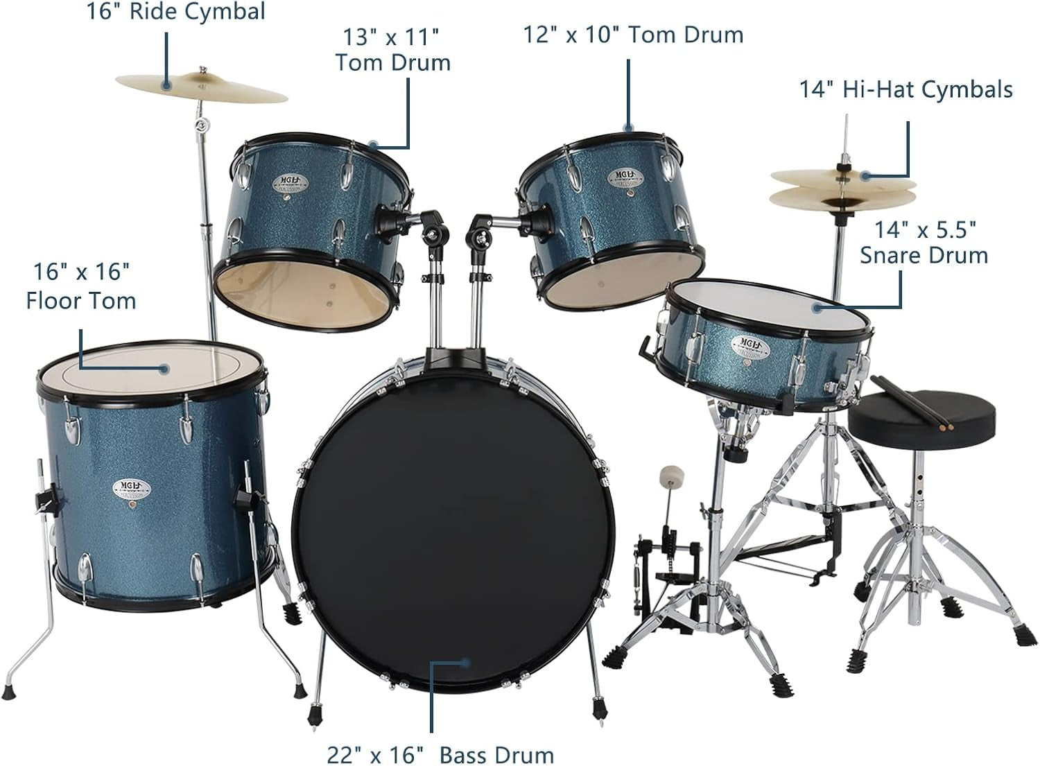 5-Piece Adult Drum Set, 22 Inch Full-Size Drums Kit with Cymbal Stands, Hi-Hat Stand, Sticks, Drum Pedal, Stool & Floor Tom for Beginner Teens Student (Blue)