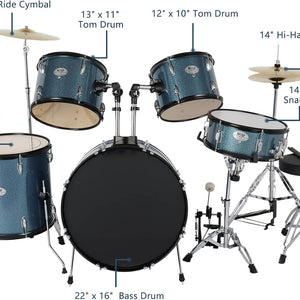 5-Piece Adult Drum Set, 22 Inch Full-Size Drums Kit with Cymbal Stands, Hi-Hat Stand, Sticks, Drum Pedal, Stool & Floor Tom for Beginner Teens Student (Blue)