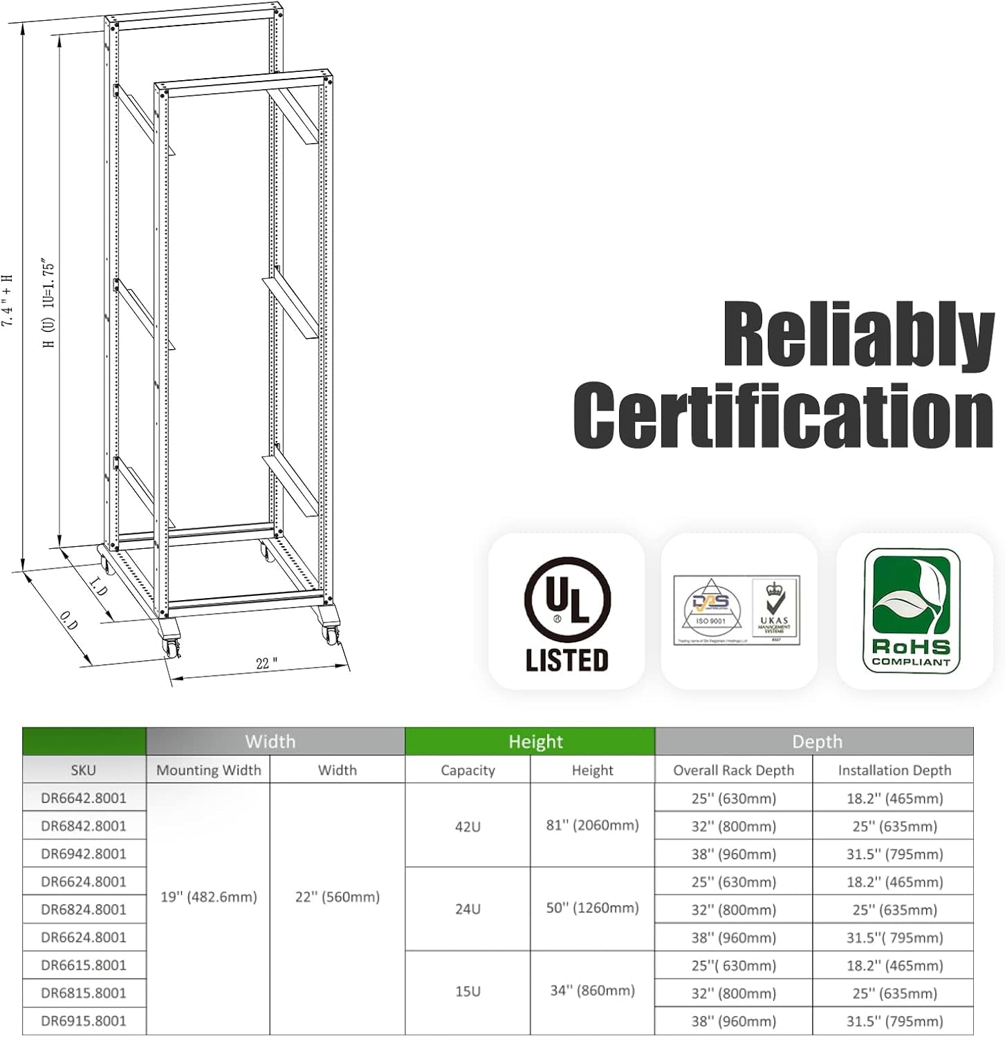 Open Rack 24U 4 Post Open Frame 19-Inch Data Network Desktop Server/Audio Rack 800MM Deep